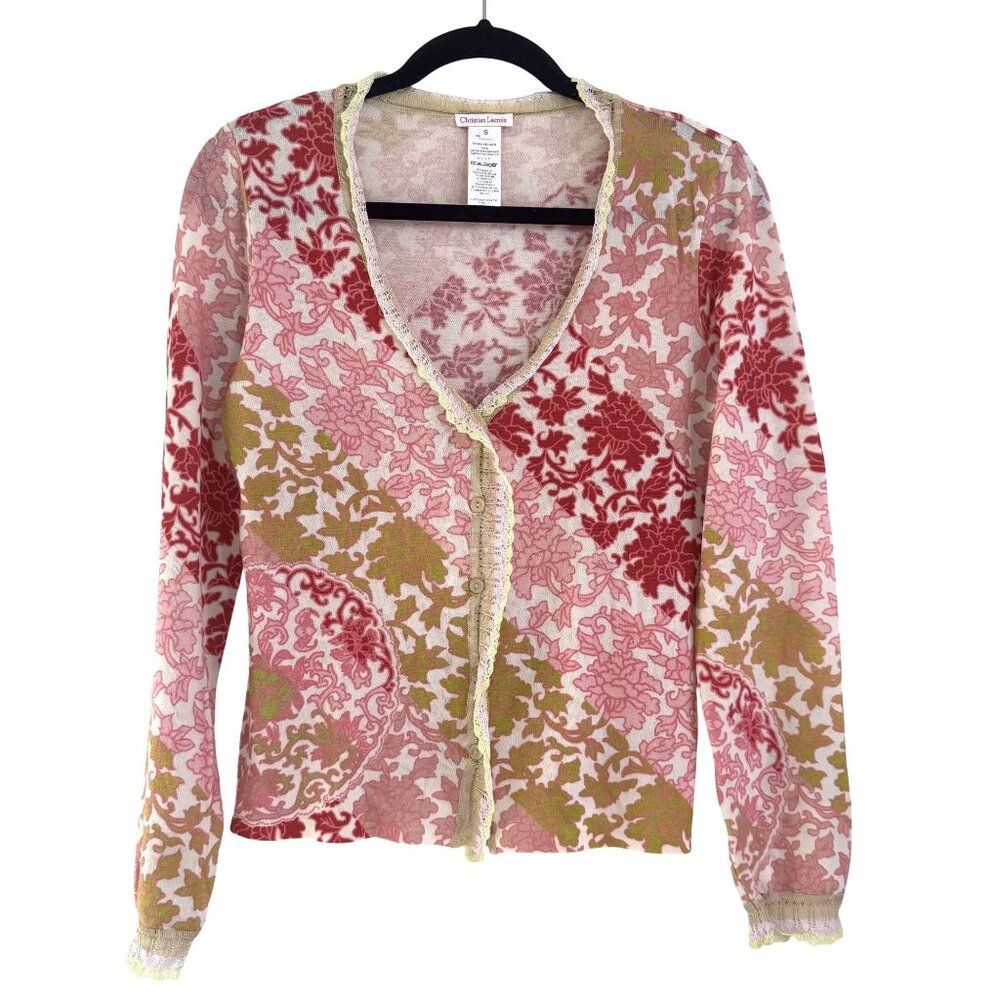Christian Lacroix Women’s Pink Floral 100% Cashmere Button Cardigan Sweater Size